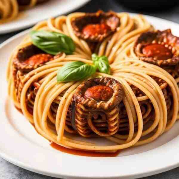 Макаронные гнезда с мясом в соусе